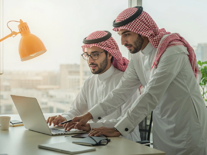 نقاش مهني بين شابين سعوديين يعكس روح التعاون والتخطيط ضمن فرق العمل المتخصصة في خدمة TaaS من ProCrew