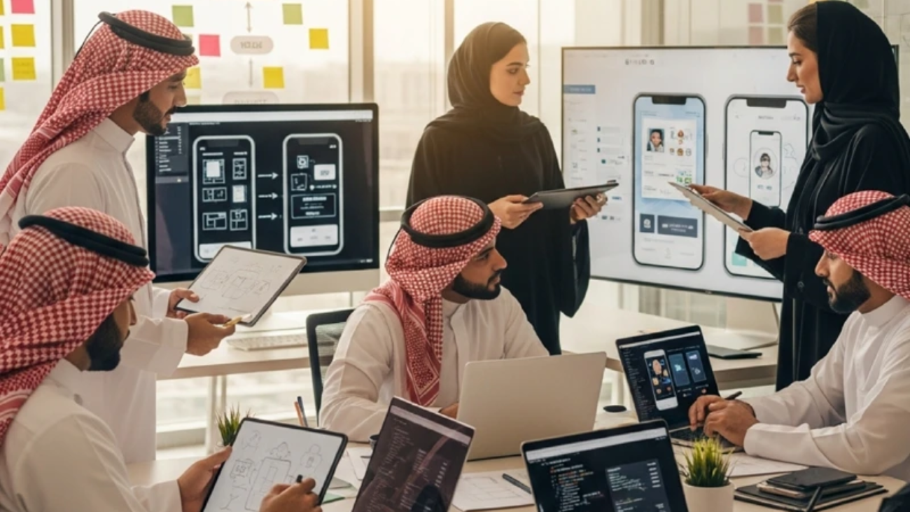 رجال وامرأة يناقشون مشروعات. هناك أجهزة كمبيوتر محمولة وأجهزة لوحية وشاشات كمبيوتر معروضة خلف المرأة شاشة كبيرة تعرض تصميمات لتطبيق جوال