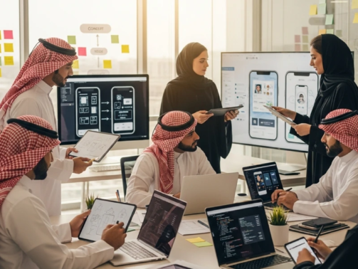 رجال وامرأة يناقشون مشروعات. هناك أجهزة كمبيوتر محمولة وأجهزة لوحية وشاشات كمبيوتر معروضة خلف المرأة شاشة كبيرة تعرض تصميمات لتطبيق جوال