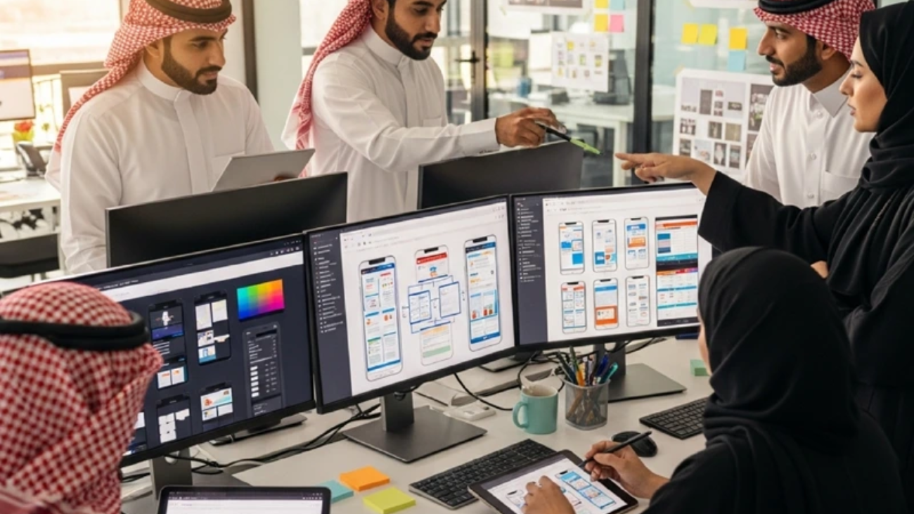 فرق عمل تتعاون على تصميم تجربة المستخدم وواجهة التطبيقات، تستعرض شاشات متعددة لتطوير منتجات رقمية.