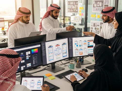 فرق عمل تتعاون على تصميم تجربة المستخدم وواجهة التطبيقات، تستعرض شاشات متعددة لتطوير منتجات رقمية.
