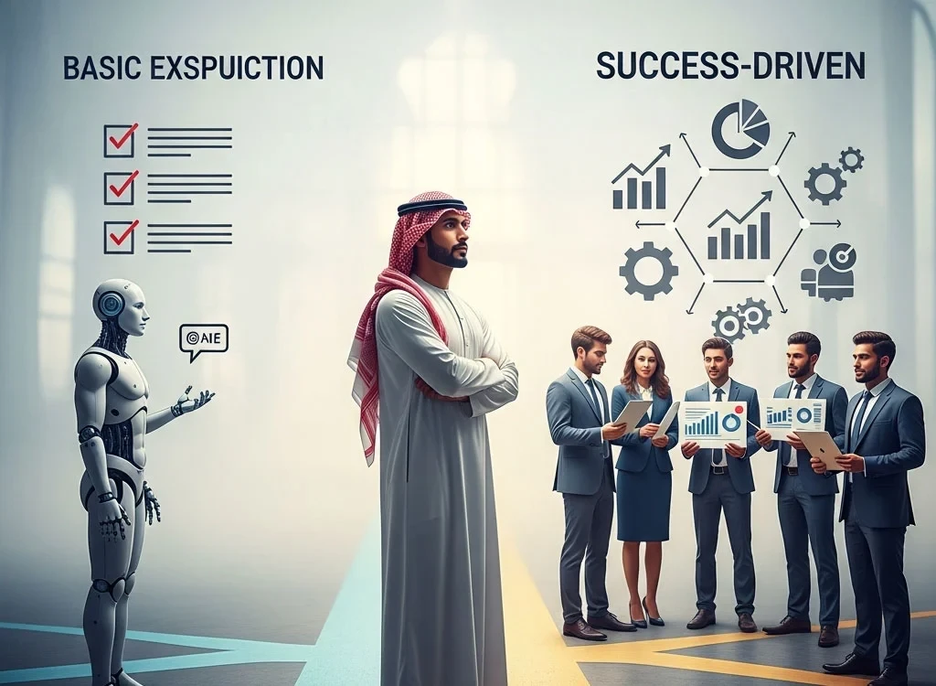 رجل يوضح الفرق بين التنفيذ الأساسي والنجاح الفعلي بفضل اختيار شركة برمجيات موثوقة تساعدك على النجاح.