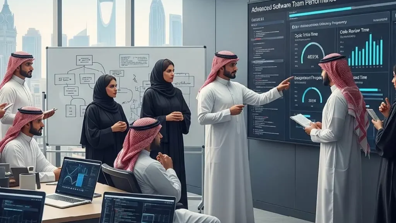 في اجتماع عمل حديث، فريق سعودي يراجع أداء تطوير البرامج على شاشة رقمية. يظهر اللقاء تعاونًا مهنيًا.