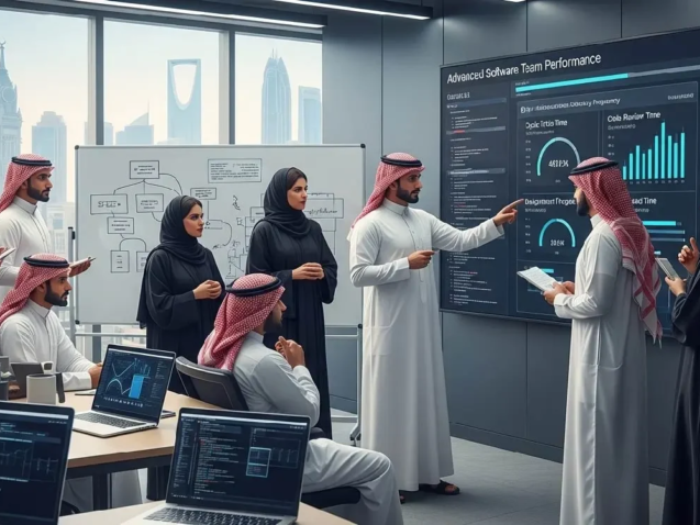 في اجتماع عمل حديث، فريق سعودي يراجع أداء تطوير البرامج على شاشة رقمية. يظهر اللقاء تعاونًا مهنيًا.