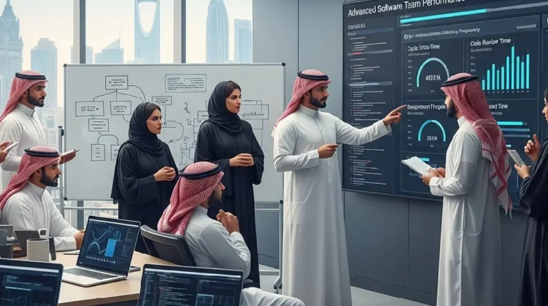 في اجتماع عمل حديث، فريق سعودي يراجع أداء تطوير البرامج على شاشة رقمية. يظهر اللقاء تعاونًا مهنيًا.