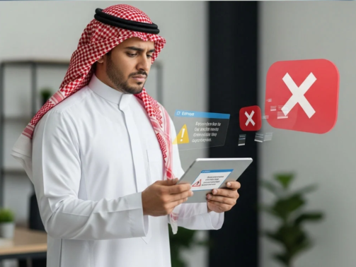 ِA man holds a tablet with holographic error messages, illustrating the challenges of developing his first app.