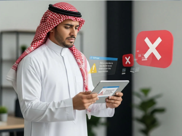 ِA man holds a tablet with holographic error messages, illustrating the challenges of developing his first app.