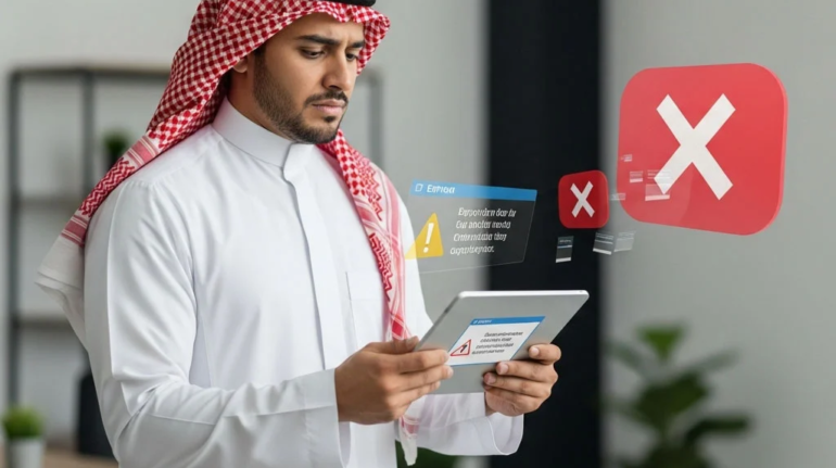 ِA man holds a tablet with holographic error messages, illustrating the challenges of developing his first app.