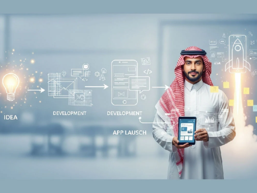 An man holding a tablet, illustrating the key stages of building a successful app: "Idea," "Development," and "App Launch."