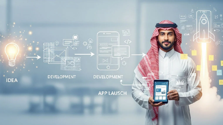 An man holding a tablet, illustrating the key stages of building a successful app: "Idea," "Development," and "App Launch."