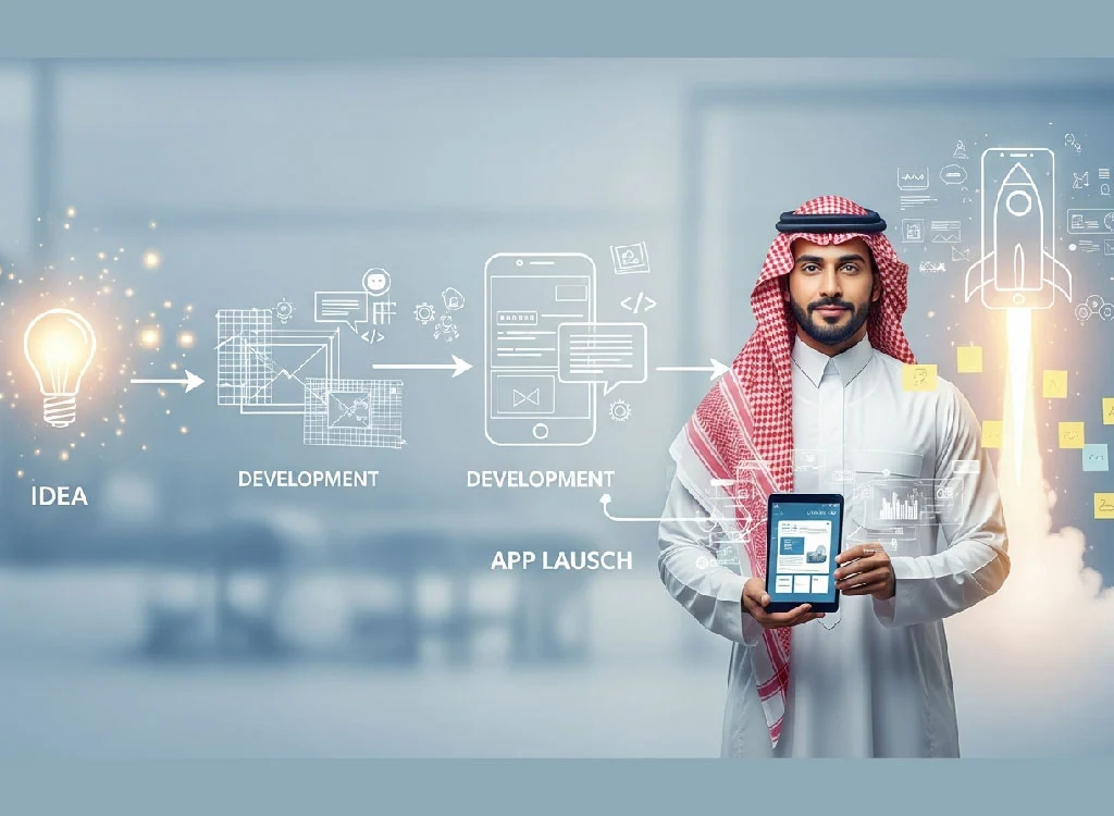 An man holding a tablet, illustrating the key stages of building a successful app: "Idea," "Development," and "App Launch."