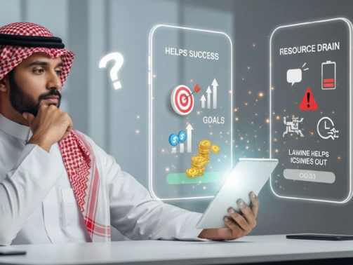 Saudi businessman thinking about whether his app supports business goals or wastes resources