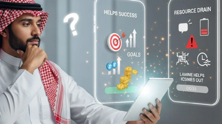Saudi businessman thinking about whether his app supports business goals or wastes resources