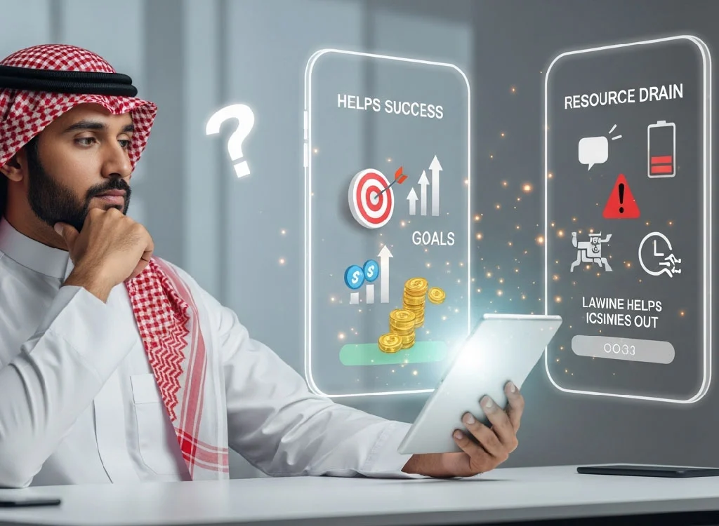 Saudi businessman thinking about whether his app supports business goals or wastes resources