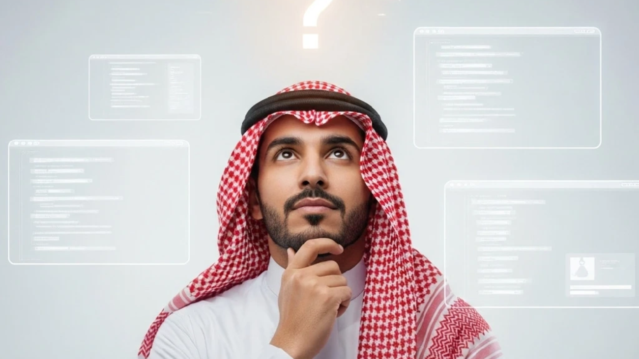 رجل عربي يفكر في خيارات شركات تطوير برمجيات معروضة كأكواد وشاشات شفافة، وعلامة استفهام ترمز للبحث عن الحلول.