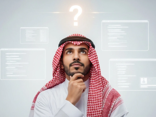 رجل عربي يفكر في خيارات شركات تطوير برمجيات معروضة كأكواد وشاشات شفافة، وعلامة استفهام ترمز للبحث عن الحلول.